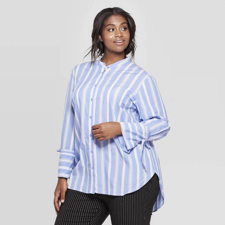 Women's Plus Size Striped Long Sleeve V-neck Button-up Boyfriend Shirt - Who What Wear Blue/white