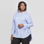 Women's Plus Size Striped Long Sleeve V-neck Button-up Boyfriend Shirt - Who What Wear Blue/white