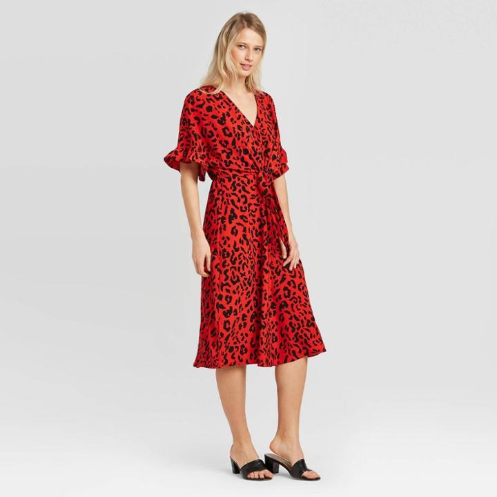 Women's Animal Print Flutter Elbow Sleeve Tie Waist Dress - Who What Wear Red