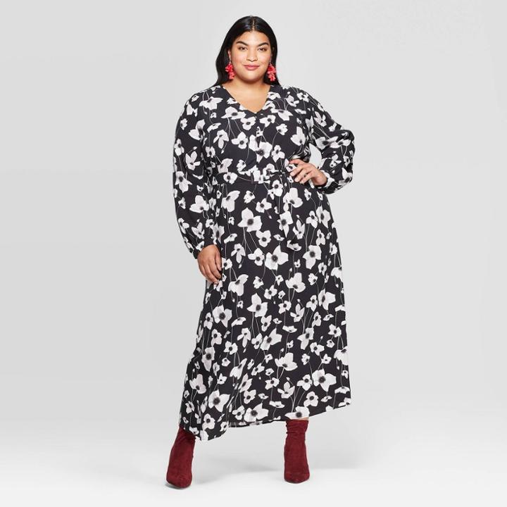 Women's Plus Size Floral Print Long Sleeve V-neck Button Front Maxi Dress - Ava & Viv Black/white 3x, Women's,