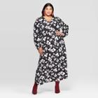 Women's Plus Size Floral Print Long Sleeve V-neck Button Front Maxi Dress - Ava & Viv Black/white 3x, Women's,
