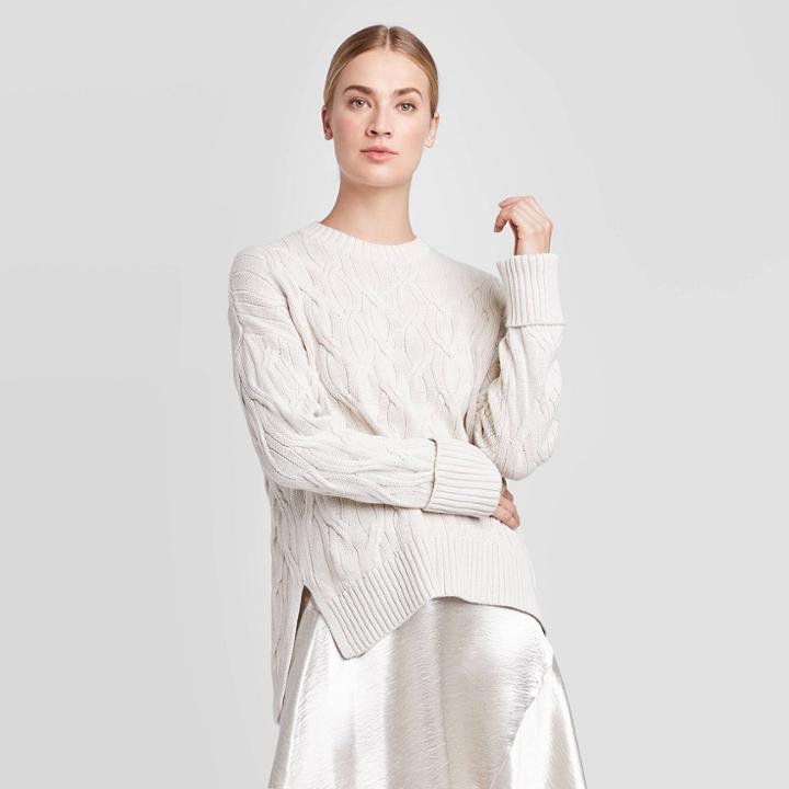 Women's Long Sleeve Crewneck Cable Knit Pullover Sweater - Prologue Cream Xs, Women's, Beige