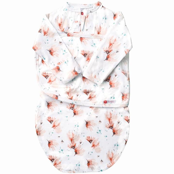 Embe Emb Starter Long Sleeve Swaddle Wrap With Fold Over Mitts - Blush Blossom Watercolor