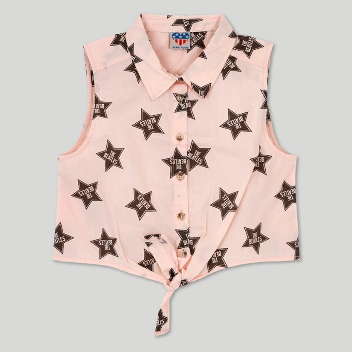 Junk Food Girls' Star Sleeveless Tie Front Button-down Blouse - Pink