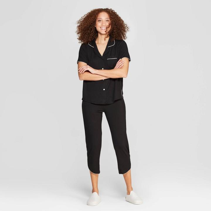 Women's Beautifully Soft Notch Collar Cropped Pajama Set - Stars Above Black