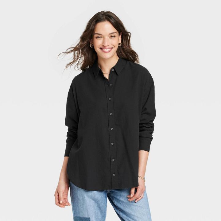 Women's Long Sleeve Oversized Button-down Shirt - Universal Thread Black