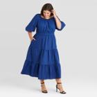 Women's Plus Size Puff Elbow Sleeve Tiered Dress - A New Day Blue