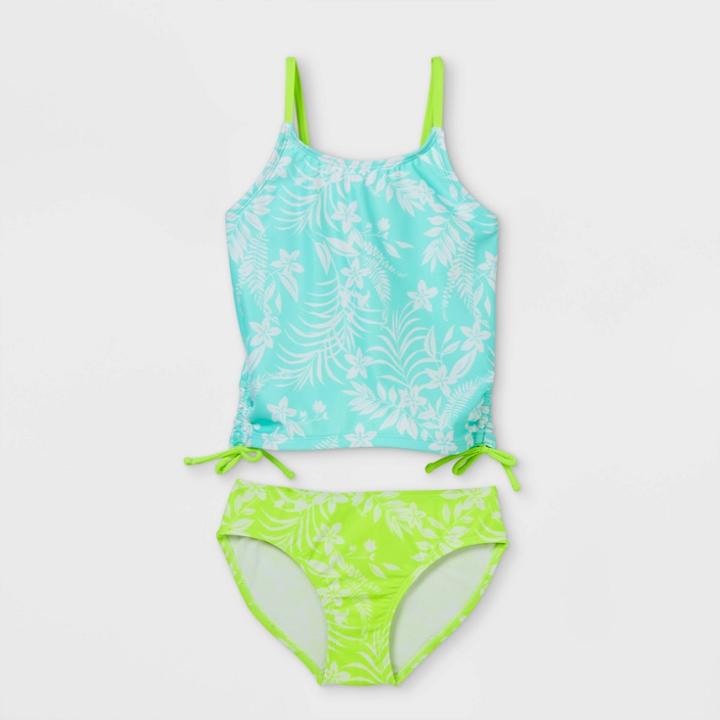 Girls' Tropical Flower Print Tankini Set - Cat & Jack Blue/green