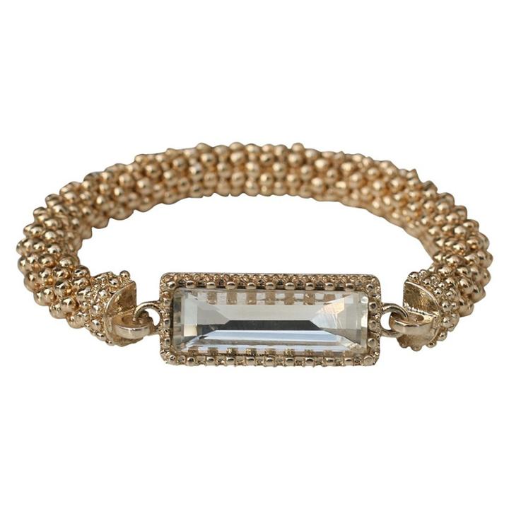 Zirconmania Satin Textured Rondelles With Rectangular Crystal Stretch Bracelet - Gold