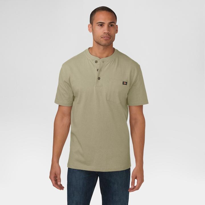Dickies Men's Cotton Heavyweight Short Sleeve Pocket Henley Shirt- Desert