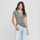 Women's Short Sleeve Lace-up Neckline Rib T-shirt - Almost Famous (juniors') Charcoal