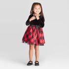 Toddler Girls' Long Sleeve Velour Plaid Dress - Cat & Jack Black/red 12m, Toddler Girl's