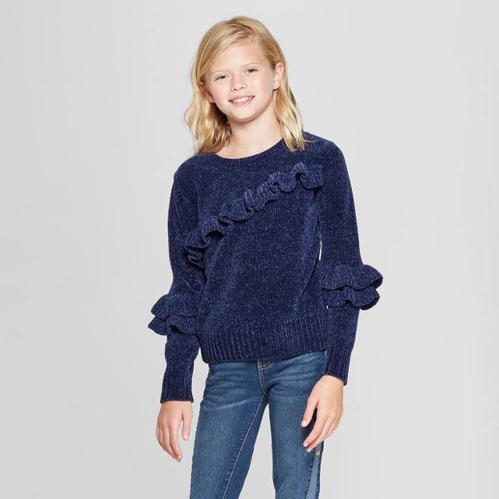 Girls' Ruffle Pullover Sweater - Cat & Jack Navy
