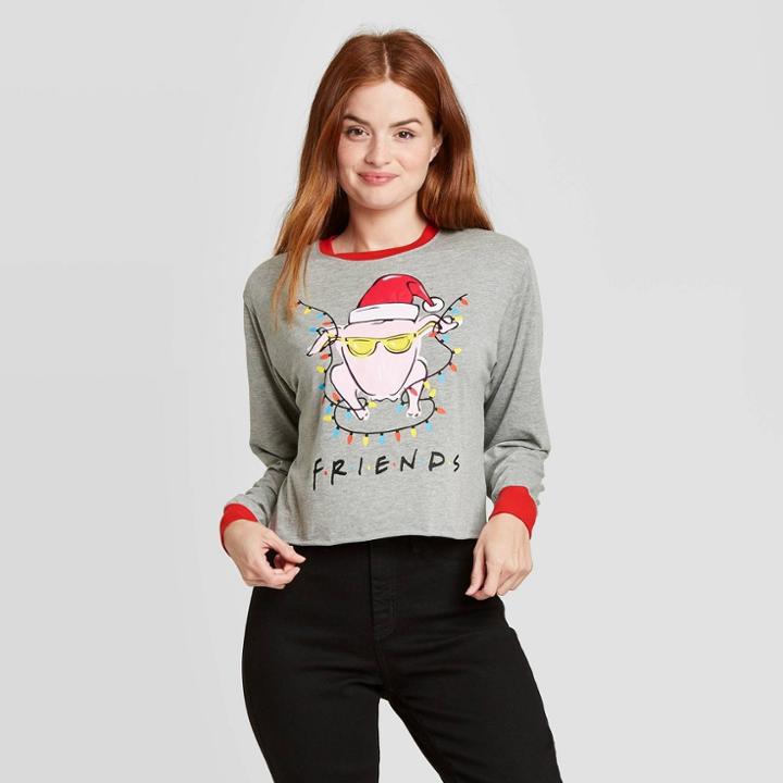 Women's Friends Santa Turkey Long Sleeve Graphic T-shirt - Heather Gray