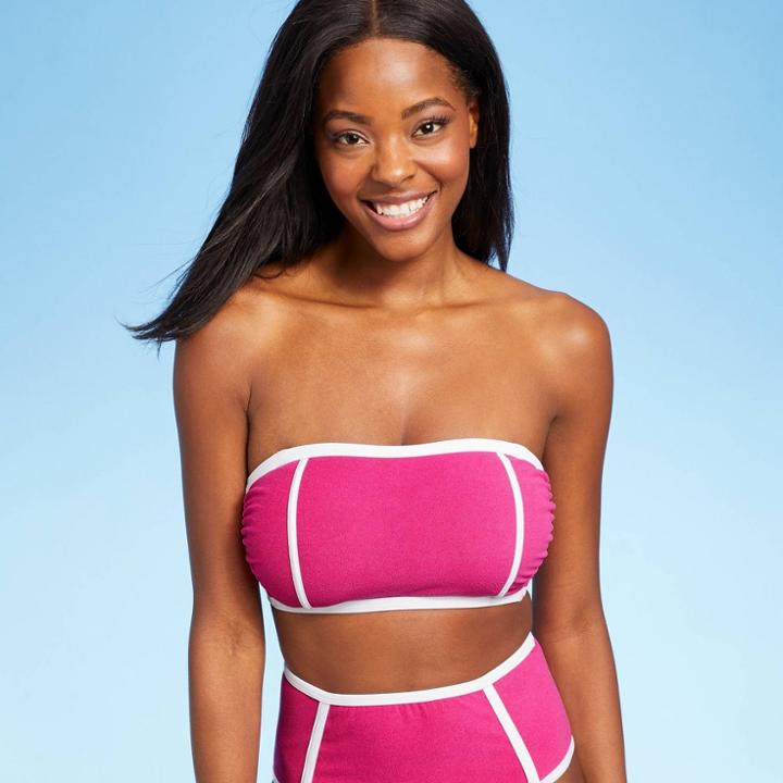 Women's Terry Textured Solid Bandeau With Binding Bikini Top - Kona Sol Rose Pink D/dd Cup