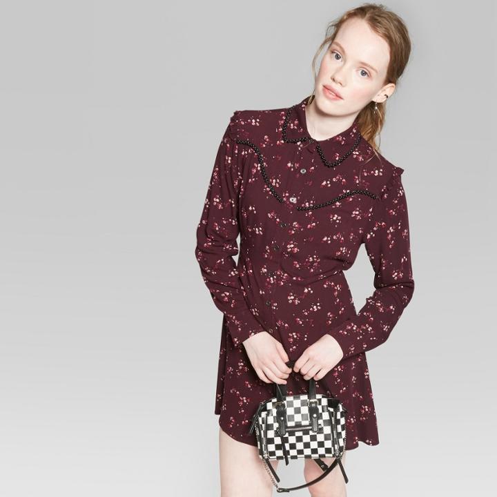 Women's Long Sleeve Button-up Floral Western Shirt Dress - Wild Fable Burgundy M, Size: