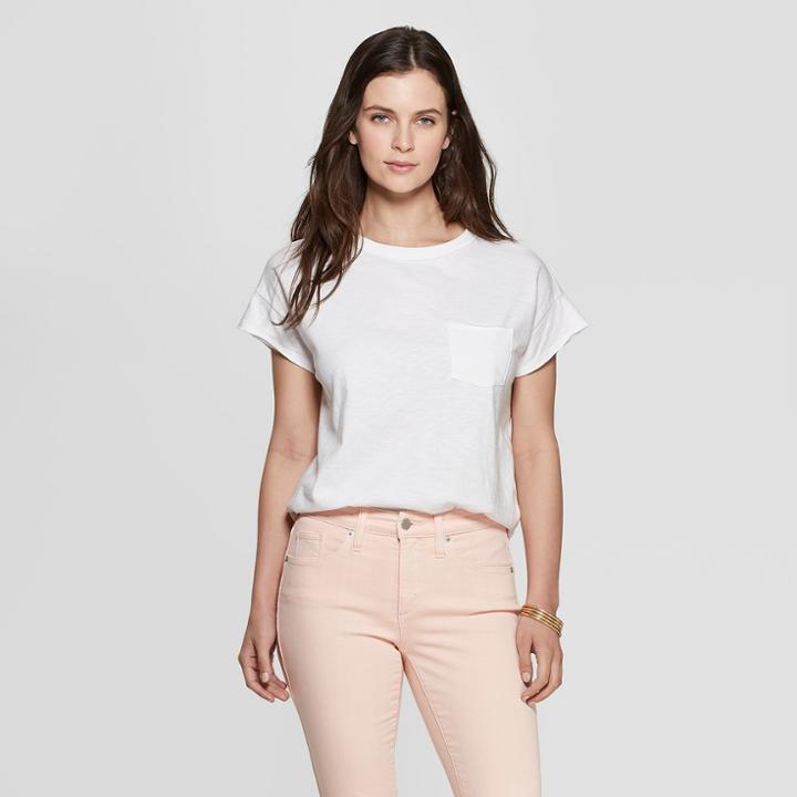 Women's Short Sleeve Crew Neck Relaxed Pocket T-shirt - Universal Thread White