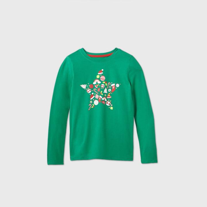 Girls' Long Sleeve Christmas Star Graphic T-shirt - Cat & Jack Green