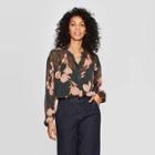 Women's Floral Print Regular Fit Long Sleeve V-neck Popover Blouse - A New Day Green