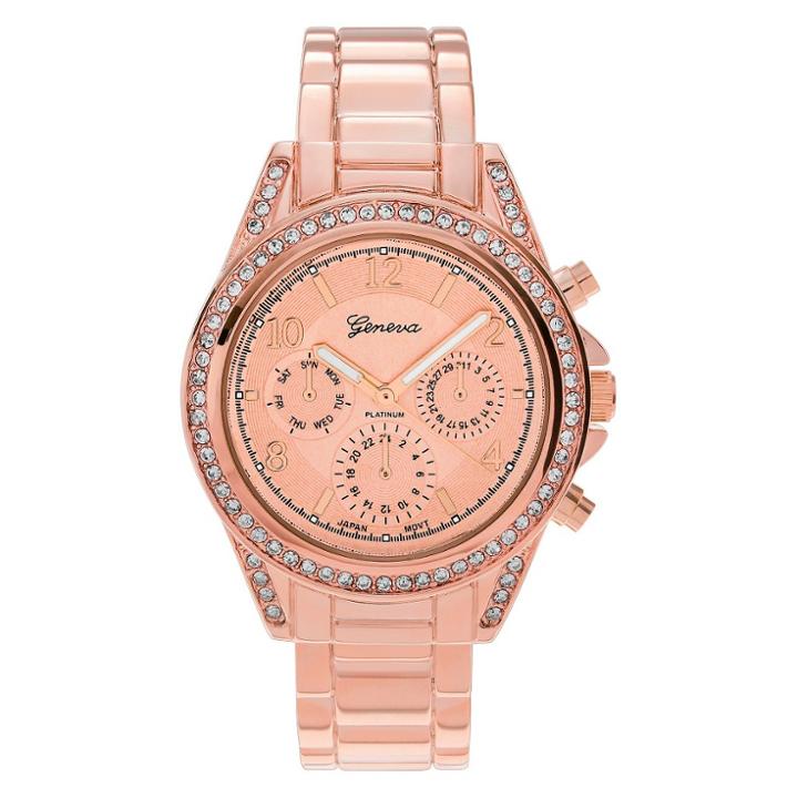 Women's Geneva Platinum Rhinestone Bezel Metal Cuff Watch - Rose Gold