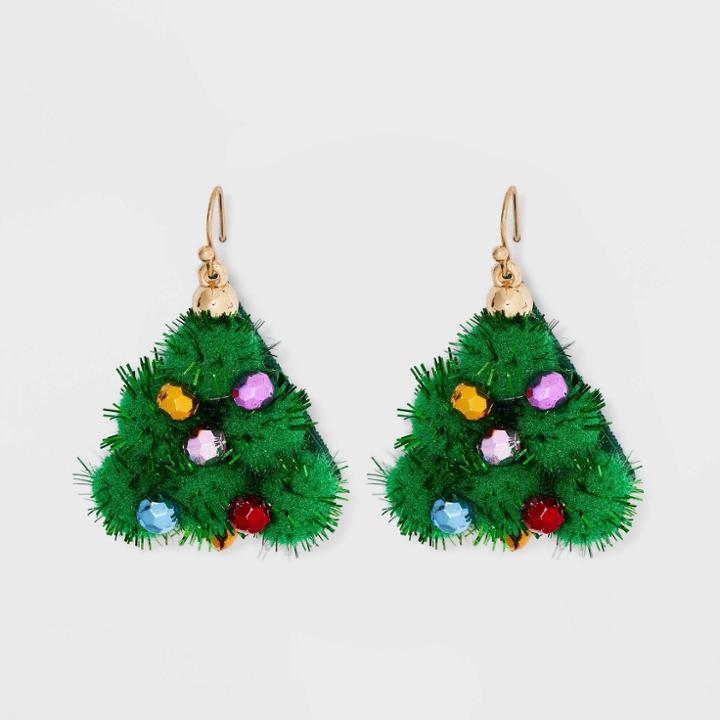 Girls' Tinsel Christmas Tree Earrings - Art Class Green