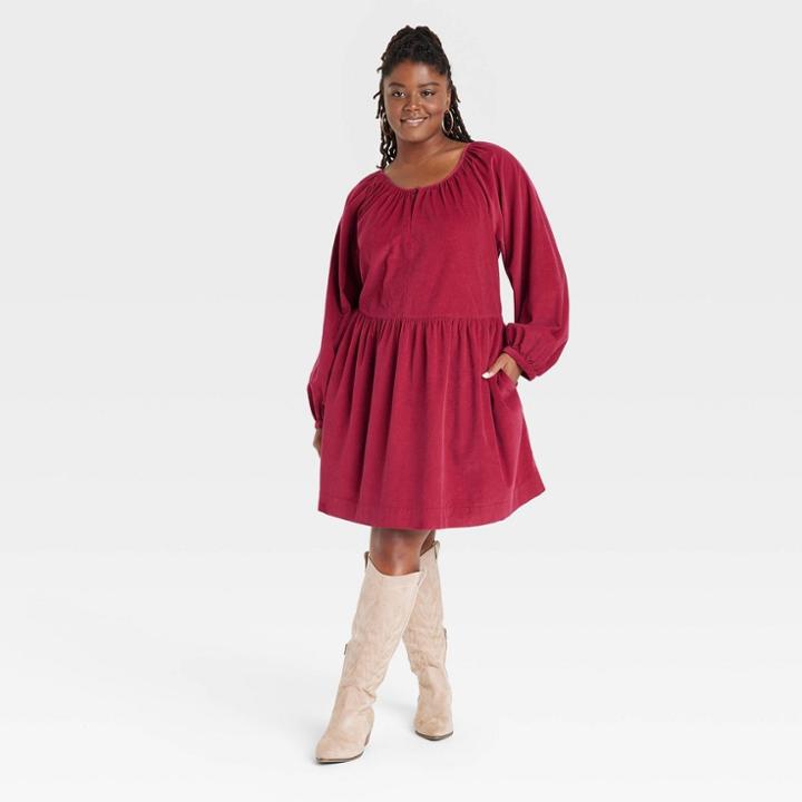 Women's Plus Size Balloon Long Sleeve Corduroy Shift Dress - Universal Thread Red