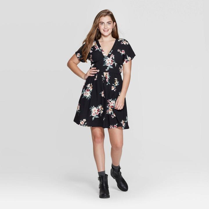Women's Floral Print Short Sleeve Button Front Deep V-neck Mini Dress - Xhilaration Black