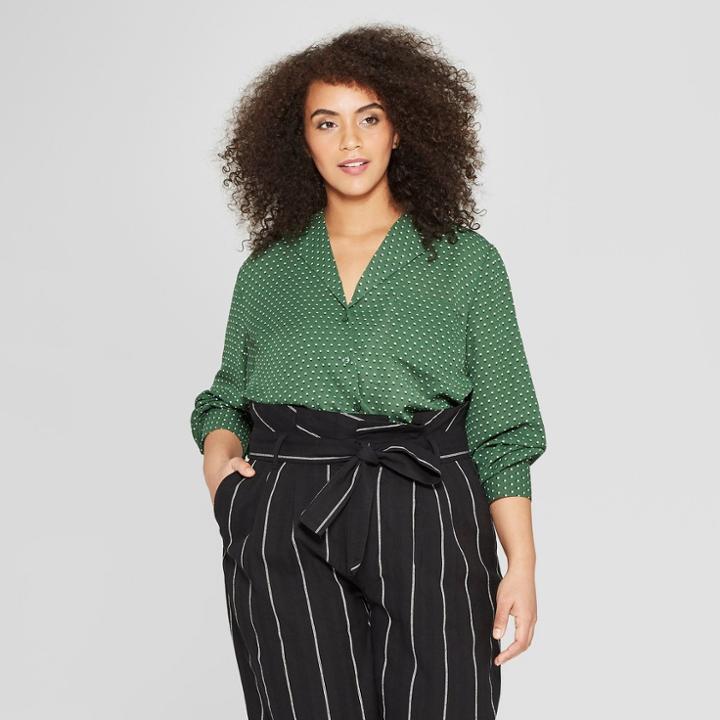 Women's Plus Size Polka Dot Long Sleeve Button-down Front Pocket Blouse - Who What Wear Green