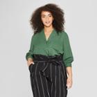 Women's Plus Size Polka Dot Long Sleeve Button-down Front Pocket Blouse - Who What Wear Green