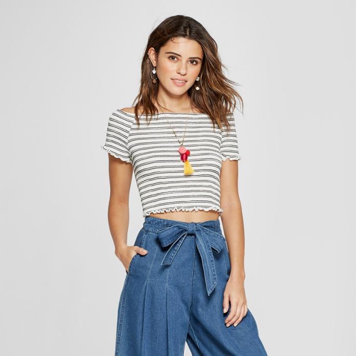 Women's Short Sleeve Off The Shoulder Smocked Top - Xhilaration Ivory/black Stripe Xl, Black/white