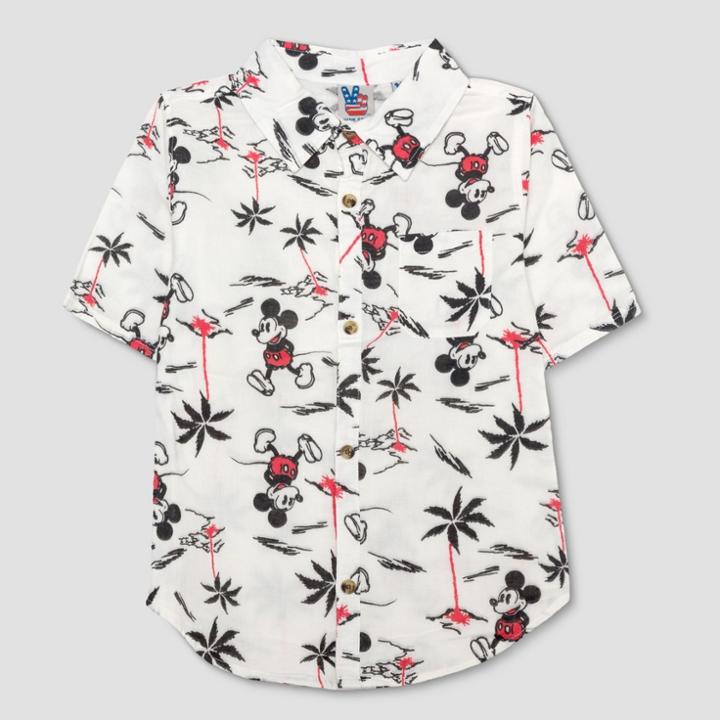 Junk Food Boys' Mickey Mouse Print Short Sleeve Button-down Shirt - Ivory