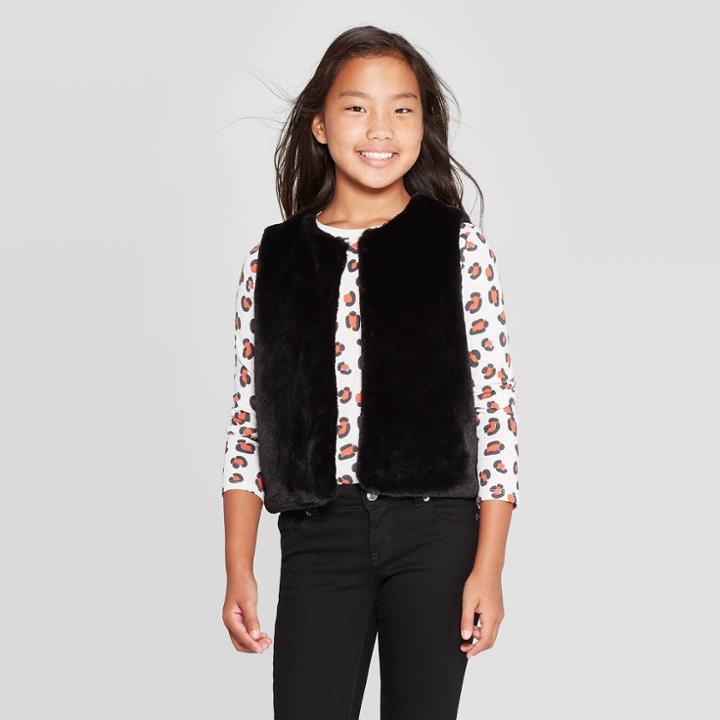 Girls' Faux Fur Vest - Cat & Jack Black M, Girl's,
