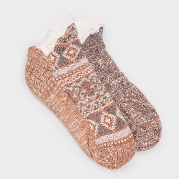 Muk Luks Women's 2pk Short Cabin Socks - Tan/gray
