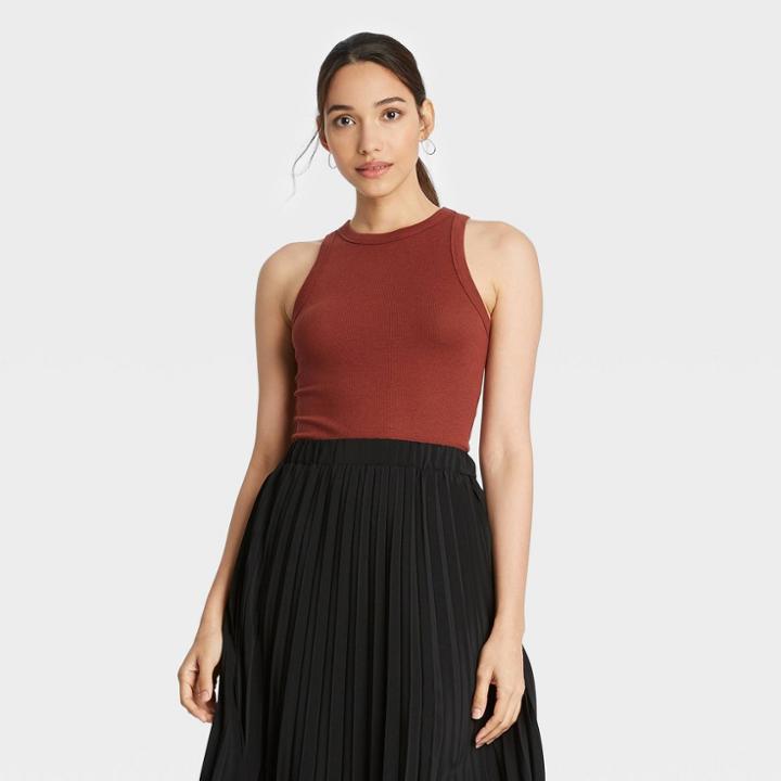 Women's Slim Fit Rib Tank Top - A New Day Brown