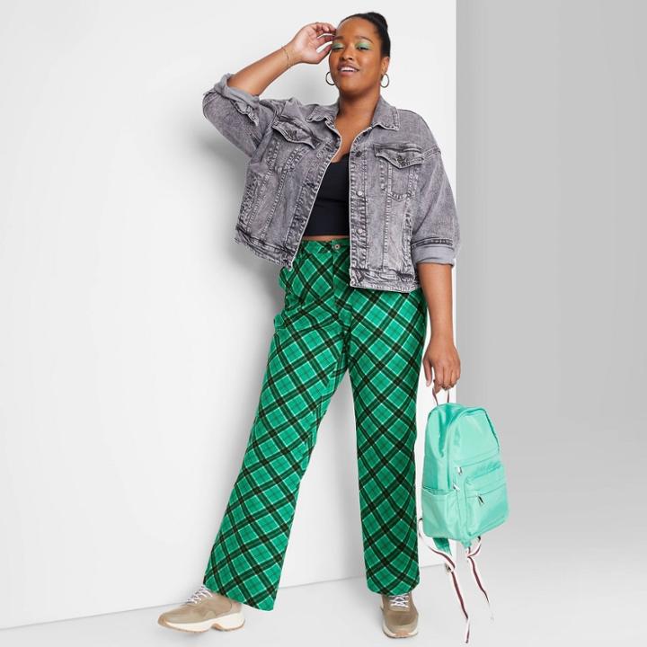 Women's Plus Size Low-rise Flare Chino Pants - Wild Fable Emerald Green Plaid