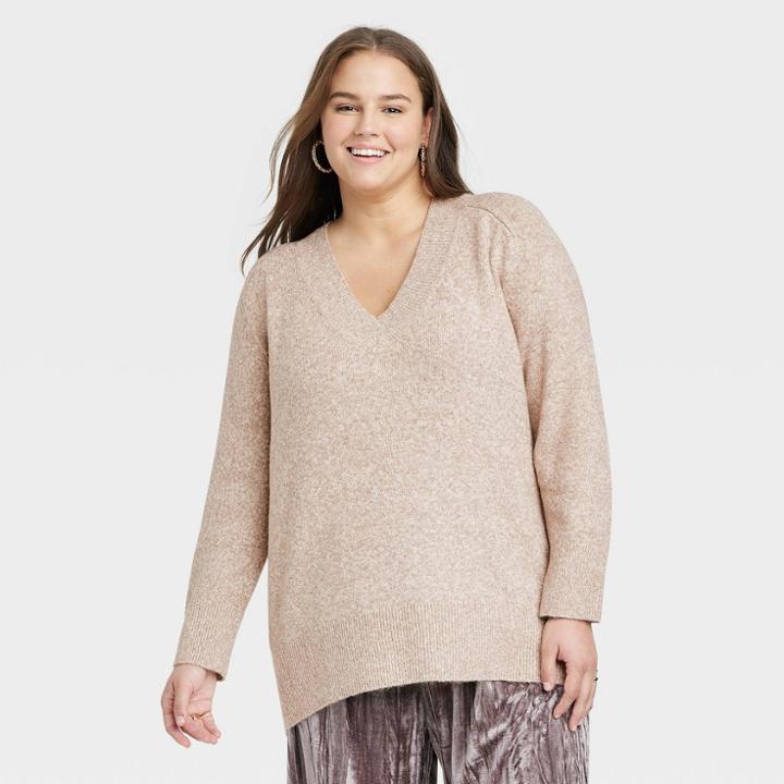 Women's Plus Size V-neck Tunic Sweater - A New Day Brown