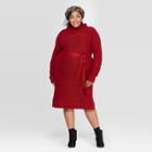 Women's Plus Size Long Sleeve Turtleneck Belted Sweater Dress - A New Day Red 2x, Women's,