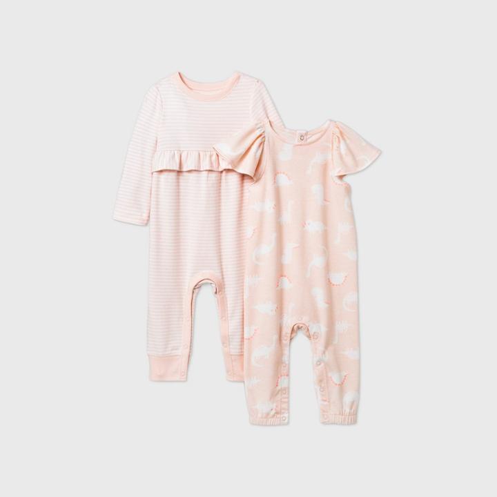 Baby Girls' Dino 2pk Striped Ruffle Romper - Cat & Jack Peach Newborn, Pink