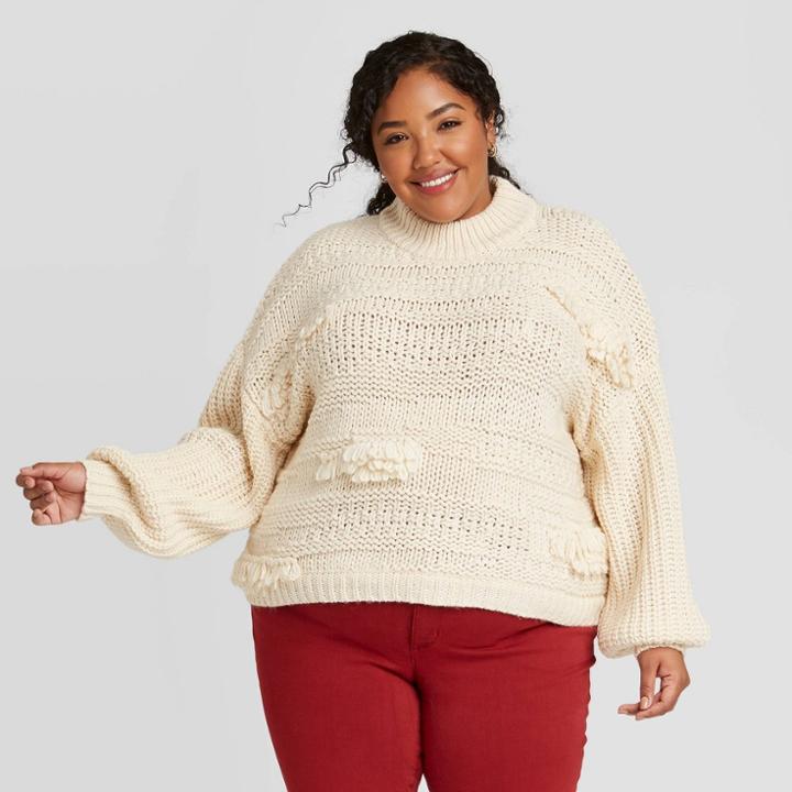Women's Plus Size Mock Turtleneck Fringe Pullover Sweater - Universal Thread Cream