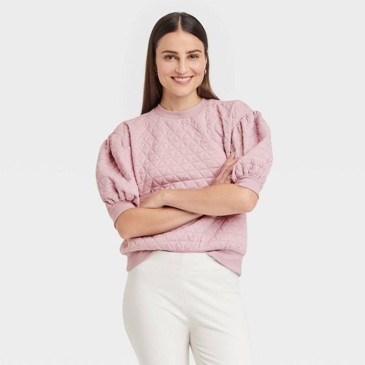 Women's 3/4 Sleeve Quilted Pullover Sweatshirt - A New Day Lilac