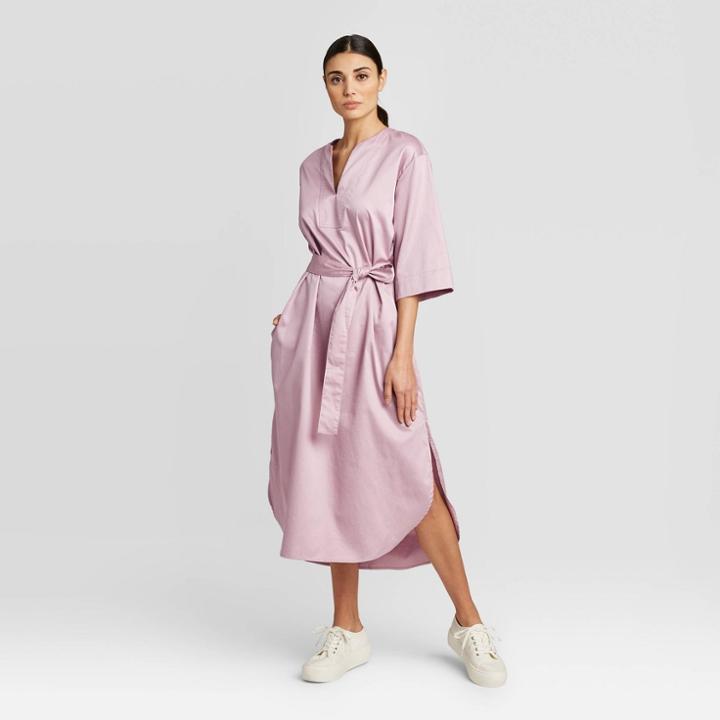 Women's Long Sleeve V-neck Midi Dress - Prologue Pink