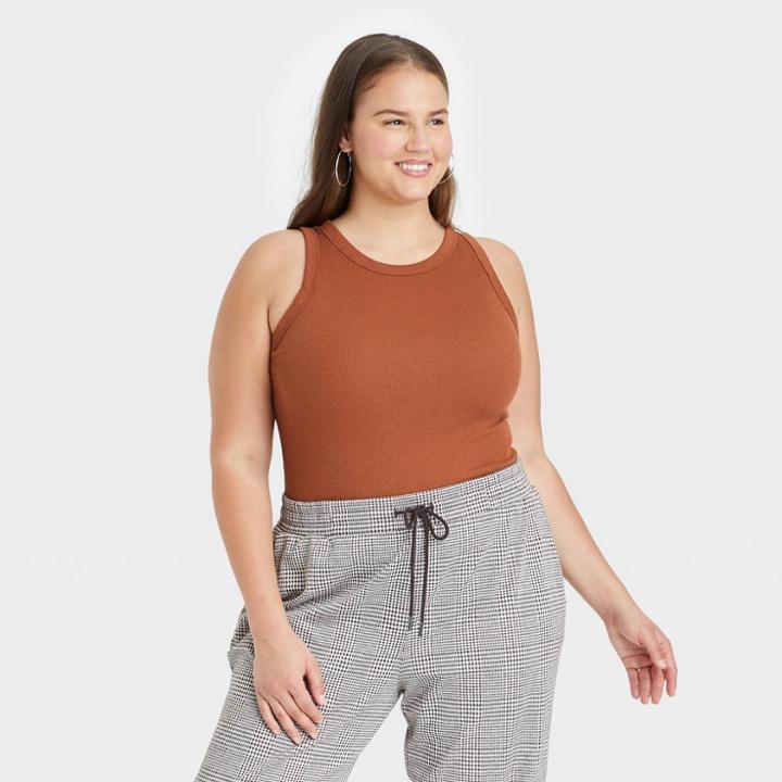 Women's Plus Size Ribbed Crewneck Tank Bodysuit - A New Day Brown