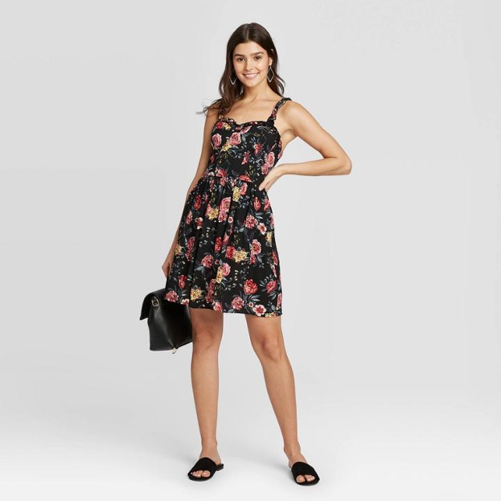Women's Floral Print Sleeveless Ruffle Strap Bra Cup Dress - Xhilaration Black