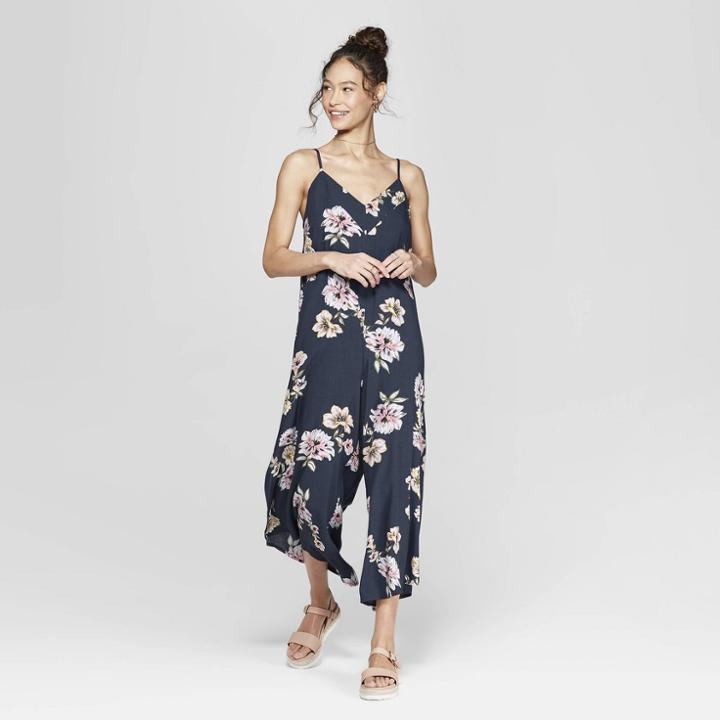 Women's Floral Print Strappy V-neck Waistless Cropped Jumpsuit - Xhilaration Navy