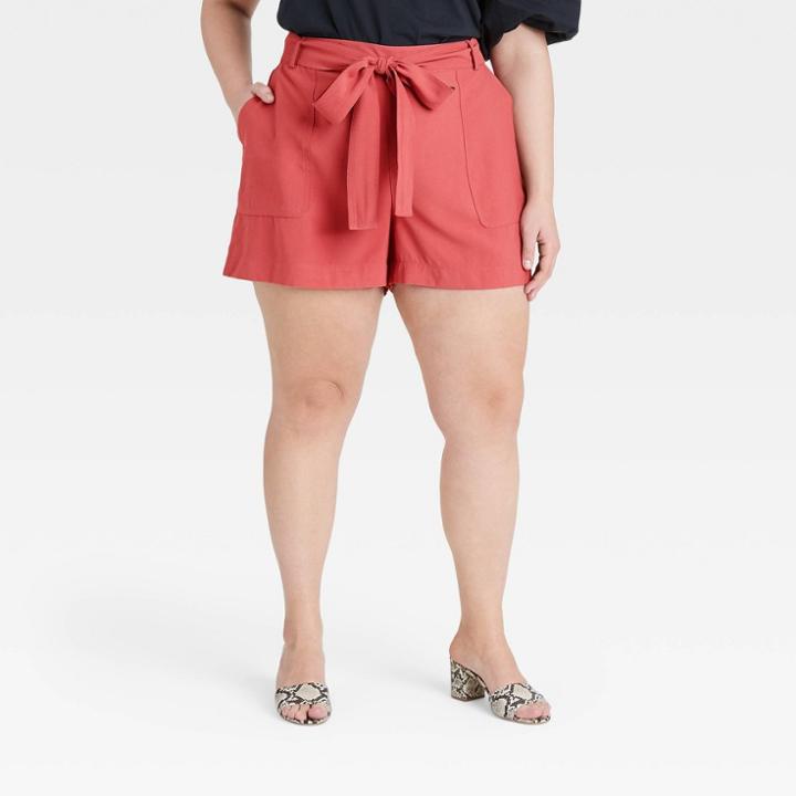 Women's Plus Size High-rise Tie Waist Shorts - A New Day Dark Pink