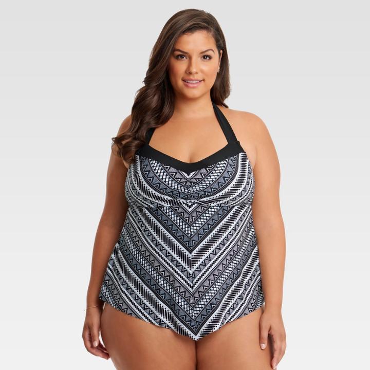 Plus Size Dreamsuit By Miracle Brands Women's Plus Slimming Control Handkerchief Tankini Top - Black/white