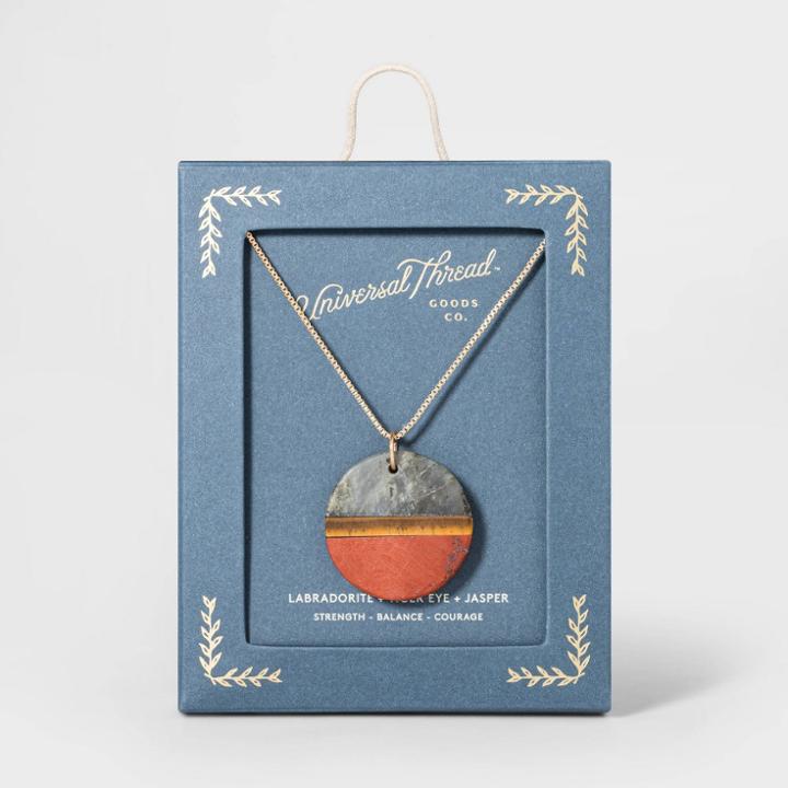 Boxed Circle With Labradorite, Tiger Eye, And Jasper Semi-precious Stones Pendant Necklace - Universal Thread Brown, Women's,