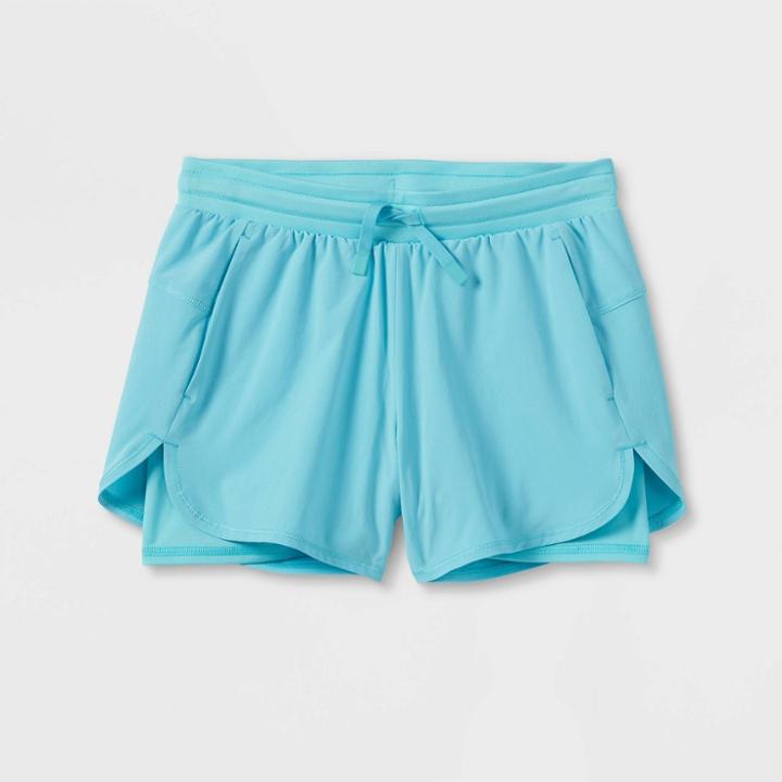 Girls' Double Layer Run Shorts - All In Motion Neon Blue