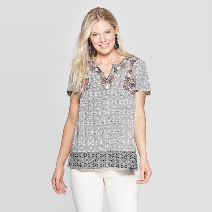 Women's Short Sleeve V-neck Blouse With Embroidery - Knox Rose Gray