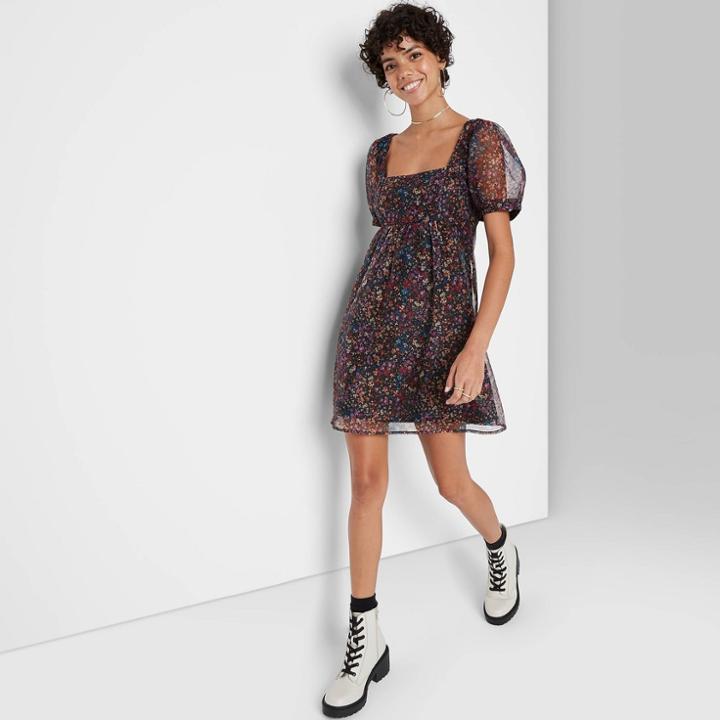 Women's Floral Print Short Sleeve Organza Muse Dress - Wild Fable Black